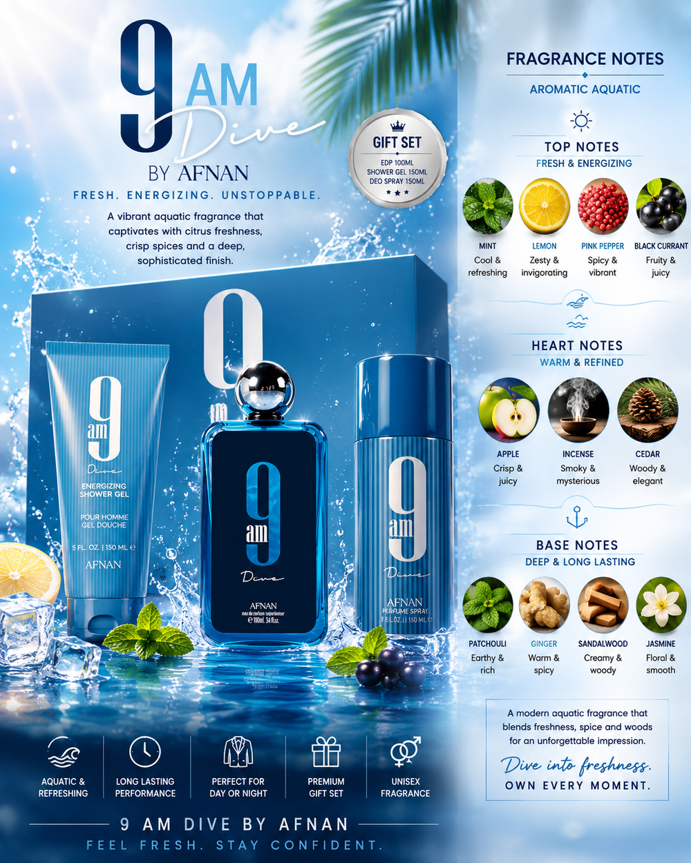Afnan - 9AM Dive 3.4 EDP M + 5.0SG + 5.0DEO SPRAY GIFT SET
